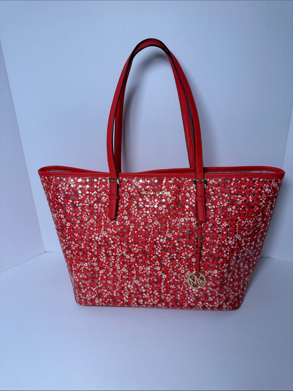 Michael Kors Jet Set Floral Red Metallic Details Tote Bag Signature Gold Charm